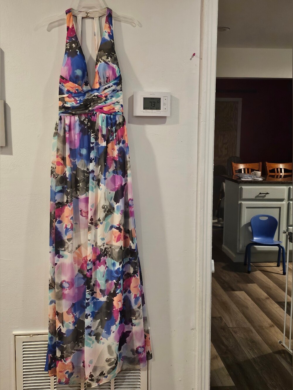 SLNY Multi-Color Halter Maxi Dress with Blue and Purple Floral Print